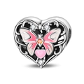 Detail of silver heart charm with pink enamel butterfly and sparkling zirconia stones - European Butterfly Bead (PAC1728)