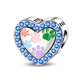 Detailed view of silver heart charm with colorful enamel pet paws and blue gemstones - Cat Paw Print Fun Bead (PAC1733)