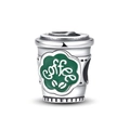 Silberner Kaffeetassen-Anhänger mit grünem Logo und S925-Prägung für DIY-Armbänder - Nachmittagstee Kaffeetasse Perle (PAC561)