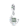 Macro detail of horseshoe and green clover charm with blue zircon and LUCK engraving - Green Horseshoe Pendant (PAC928)