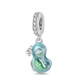 Charm hippocampe détaillé avec émail bleu-vert et pierres de zircone étincelantes - Hippocampe Cartoon Lumineux