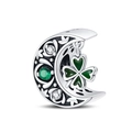Macro detail of silver crescent moon charm with green clover and vine engraving - Moonlight Lucky Bead (PAC931)