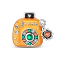 Macro detail of silver camera charm with orange enamel and colorful crystals - PAC1937-Romantic Camera Bead