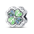 Detailed close-up of lucky four-leaf clover charm with green enamel and emerald stones - Lucky Four-leaf Clover Bead (PAC932)