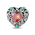 Macro detail of heart charm with red center stone and vintage silver engraving - PAC1938-Maple Leaf Heart Bead