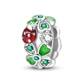 Detailed view of silver charm with red ladybug, green enamel flowers and sparkling zircons - Lucky Four-leaf Clover Safety Buckle (PAC933)