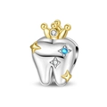 Close-up of silver tooth charm with gold crown and blue zircon stone for DIY jewelry - Healthy Tooth Bead (PAC1955)