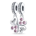Detailed view of silver heart charms with Mom and Dad engraving and pink gemstones - Family Creative Two-Piece Set Charm (PAC260)