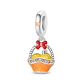 Detailed pumpkin basket charm with orange enamel, autumn acorns, and red ribbon bow - PAC1940-Pumpkin Flower Basket Pendant