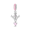 Silver charm pendant with pink heart gemstone and retro fleur-de-lis pattern - Baroque Classical Pendant (PAC1577)