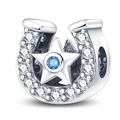 Detailed close-up of a horseshoe charm with blue crystal and white cubic zirconia - Horseshoe Pentagram Bead (PAC334)