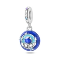 Detail of luminous astronaut charm with blue enamel planet and silver star-ring - Time Astronaut Pendant (PAC1261)