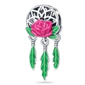 Detailansicht von Silber Traumfänger-Charm mit rosa Rose und grünen Emaille-Federn - Schöner Traumfänger (PAC106)