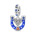 Close-up of a horseshoe charm with blue enamel, sparkling heart, and orange gemstone - Lucky Horseshoe Pendant (PAC1961)