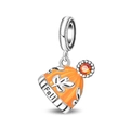 Detail of orange enamel beanie charm with Fall engraving and silver leaf accent - PAC1941-Warm Hat Pendant