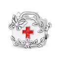Detail of silver medical first aid kit charm with red cross and floral crystal accents - Medical Kit Healing Bead (PAC1953)