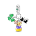Detailed silver charm with colorful enamel clover, cat, and flowers for bracelets - Black Cat Flower Vase Bead (PAC1896)