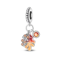 Detailed view of maple leaf pendant with orange enamel and sparkling zircon accents - PAC1942-Autumn Story Pendant