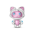 Détail du charm chat robot en argent avec émail rose et yeux en pierres bleues brillantes - Style Chat Robot (PAC1653)