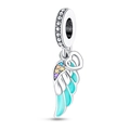Detail of silver angel wing charm with teal enamel and colorful gemstones for bracelets - Luminous Feather Stone Charm (PAC626)