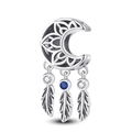 Silver crescent moon dreamcatcher charm with lotus detail and blue zircon feathers - Dreamcatcher Moon Style (PAC506)