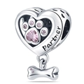 Pendentif cœur en argent avec patte en zircon rose et petit os gravé du mot Partner - Style Patte de Cœur Partenaire Animaux (PAC172)