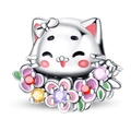 Pendentif chat en argent avec fleurs en émail coloré et pierres de zircon brillantes - Style Chat Floral (PAC1496)