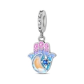 Macro detail of Hamsa Hand charm with enamel moon and blue star zircon inlay - Moon Guardian Hand Pendant (PAC1979)