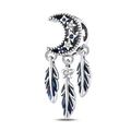 Silver crescent moon charm with blue enamel feathers and sparkling zircon stars - Dreamcatcher Moon Charm (PAC500)
