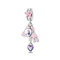 Macro view of silver koala charm with pink enamel bow and purple heart zircon crystal - Dusty Pink Koala Bear Pendant (PAC1554)
