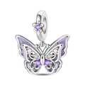 Detailed view of silver butterfly charm with purple enamel and shimmering crystals - Luminous Purple Butterfly Pendant (PAC1935)