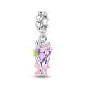 Silver flower bouquet charm with pink enamel and sparkling crystals for DIY bracelets - Cherry Blossom Dessert Style (PAC1219)