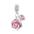 Pink rose and heart charm with enamel finish and sparkling crystals in silver plating - Romantic Pink Rose Pendant (PAC1465)