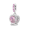 Silver heart charm with pink crystal and rose detail for DIY bracelets jewelry - Pink Diamond Rose Pendant (PAC1467)