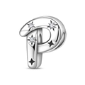 Detailed macro view of letter P charm bead with star engravings and cubic zirconia stones - Letter P