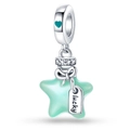 Macro detail of star-shaped lucky charm with blue bow and engraved lucky tag for bracelet - Fantasy Luminous Blue Star Charm (PAC479)