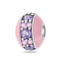 Macro detail of silver charm bead featuring pink enamel and purple gemstone setting - Afternoon Tea - Pink Macaron Bead (PAC1226)