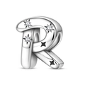 Detailed macro view of silver letter R charm with star-set cubic zirconia stones - Letter R