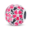 Spherical silver charm with hollow pink enamel cherry blossoms and small zircons - Cherry Blossom Pink Flower Bead (PAC387)