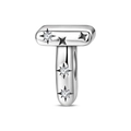 Macro detail of silver letter T charm with star-engraved zircon for DIY jewelry - Letter T