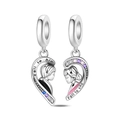 Detail of silver couple puzzle charms with colorful zircons and engraved romantic phrases - Falling in Love Couple Hearts (PAC1930)