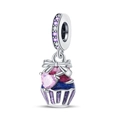 Silver cupcake charm with purple enamel and pink heart stone for DIY jewelry - Exquisite Ice Cream Cup Style (PAC1239)