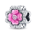 Pink enamel flower charm with sparkling crystals and silver base for DIY bracelets - Four-leaf Clover Pink Round Bead (PAC384)