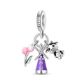 Detailed Holland charm featuring a pink tulip, windmill, and cow in silver finish - Holland Windmill Style Pendant (PAC1991)