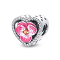 Charm cœur pensée en émail rose avec pierre orange et finition en argent plaqué - Breloque Cœur Fleur Rose (W-PAC592)