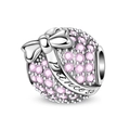 Macro view of silver charm bead with pink pavé crystals and Princess bow engraving - Princess Dream Pink Bead (PAC1713)