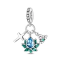 Macro shot of silver charm featuring a cross, blue gem teardrop, and celestial star bail - Lotus Flower Pendant (PAC1920)