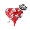 Zilveren hart bedeltje met rood emaille en roos detail voor DIY armbanden - Bloedende Roos Hart Bedeltje (PAC1484)