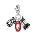 Detail van Halloween-bedel met spook, zwarte spin en vleermuisvleugel-sluiting in zilver - Halloween Schrik Driedelige Hanger (PAC1976)