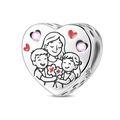 Detail shot of S925 sterling silver heart charm with pink stones and motherly embrace carving - Happy Family Style (PAC2068)